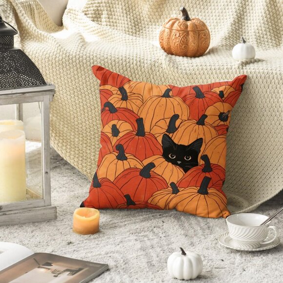 Fall Pumpkins Black Cat Throw Pillow Cover – 18"x18", Seasonal Autumn - Picture 5 of 6